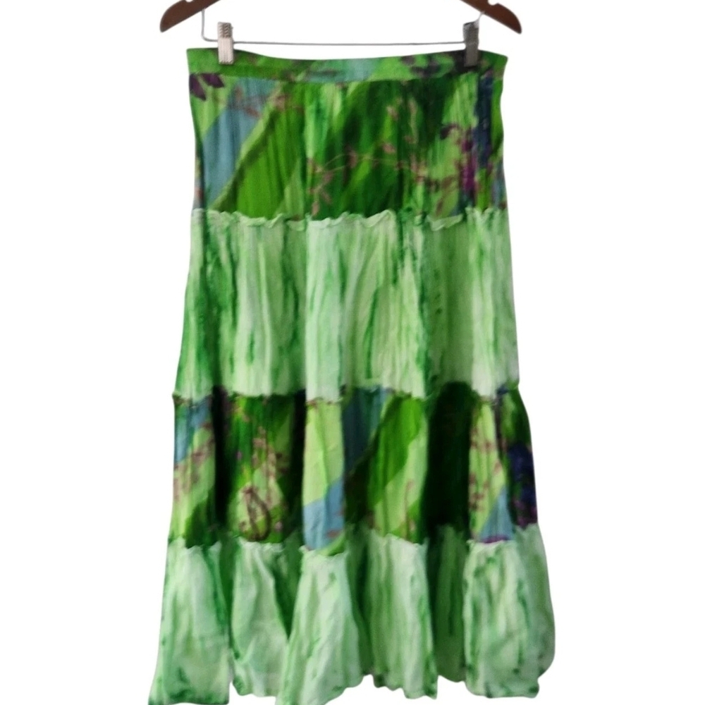 Uniti Casuals Green Floral Boho Festival Hippie Skirt Pull On Tiered Free Size